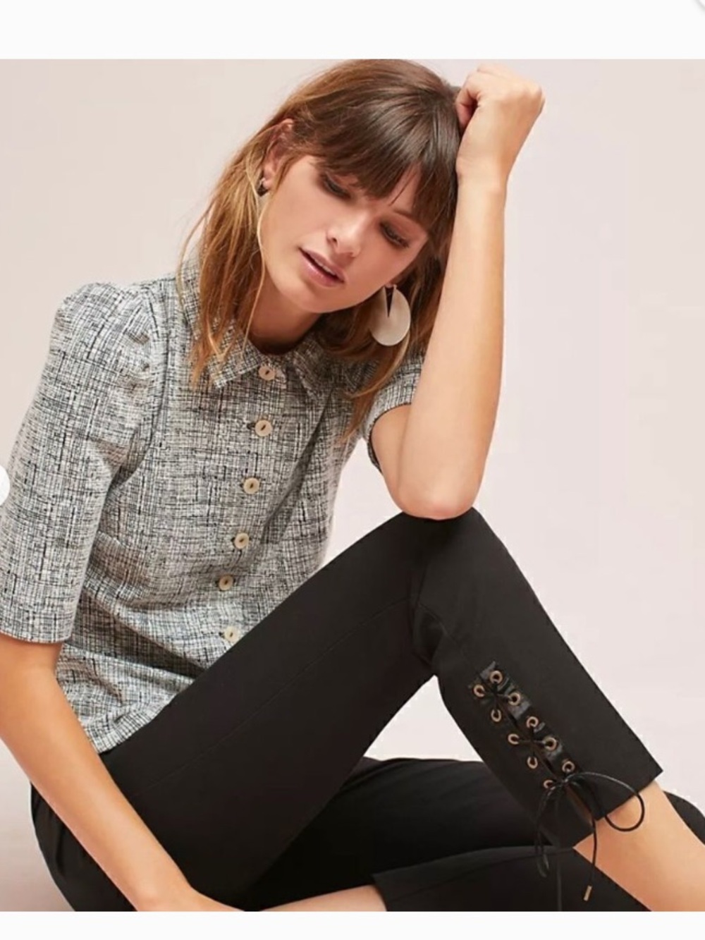 Anthropologie Black Slim crop trouser pants lace up leg detail NWT